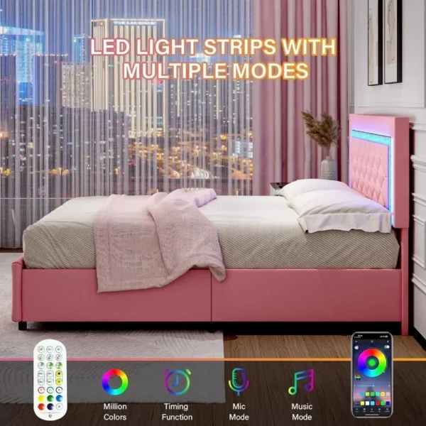 Full Size Bed Frame with LED, Storage Drawers, Princess Platform Bed with Diamond Headboard and Footboard, Upholstered Bed Frame - Image 5