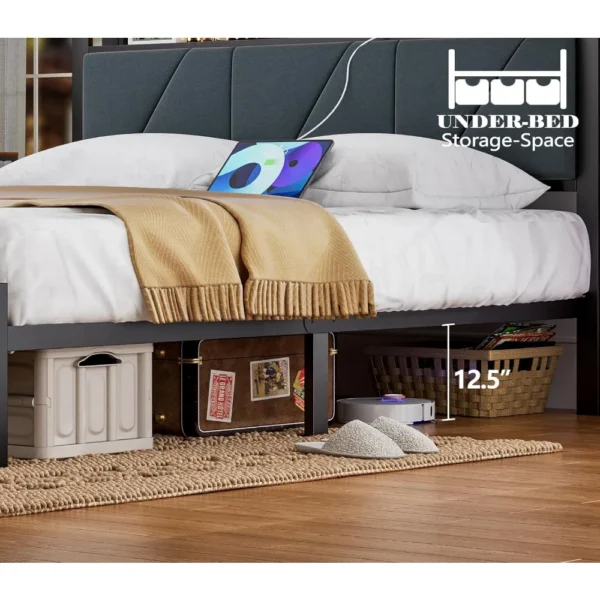 Bed Frame with LED Lights,Headboard with Charging Station and USB Port,Upholstered Platform Bedframe Metal Support - Image 2