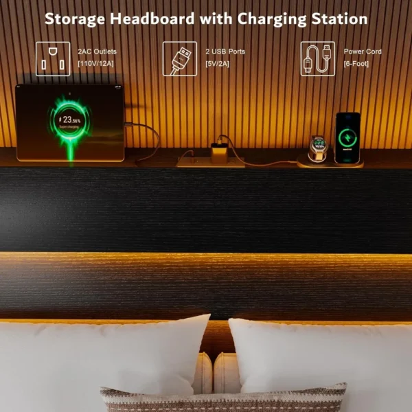 King Size Floating Bed Frame with LED Headboard and Charging Station, Metal Platform Bed Frame with Storage, Remote Control - Image 3