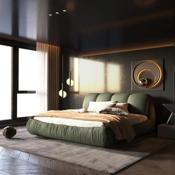 Luxury Queen Size Upholstered Platform Bed with Oversized Padded Backrest,Thickening Pinewooden Slats and Metal Leg,Green - Image 4