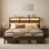 Full Bed Frame with Headboard Storage and Charging Station, Walnut Platform Bed Frame with LED Light, Non-Slip Metal Bed