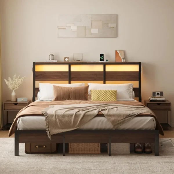 Full Bed Frame with Headboard Storage and Charging Station, Walnut Platform Bed Frame with LED Light, Non-Slip Metal Bed