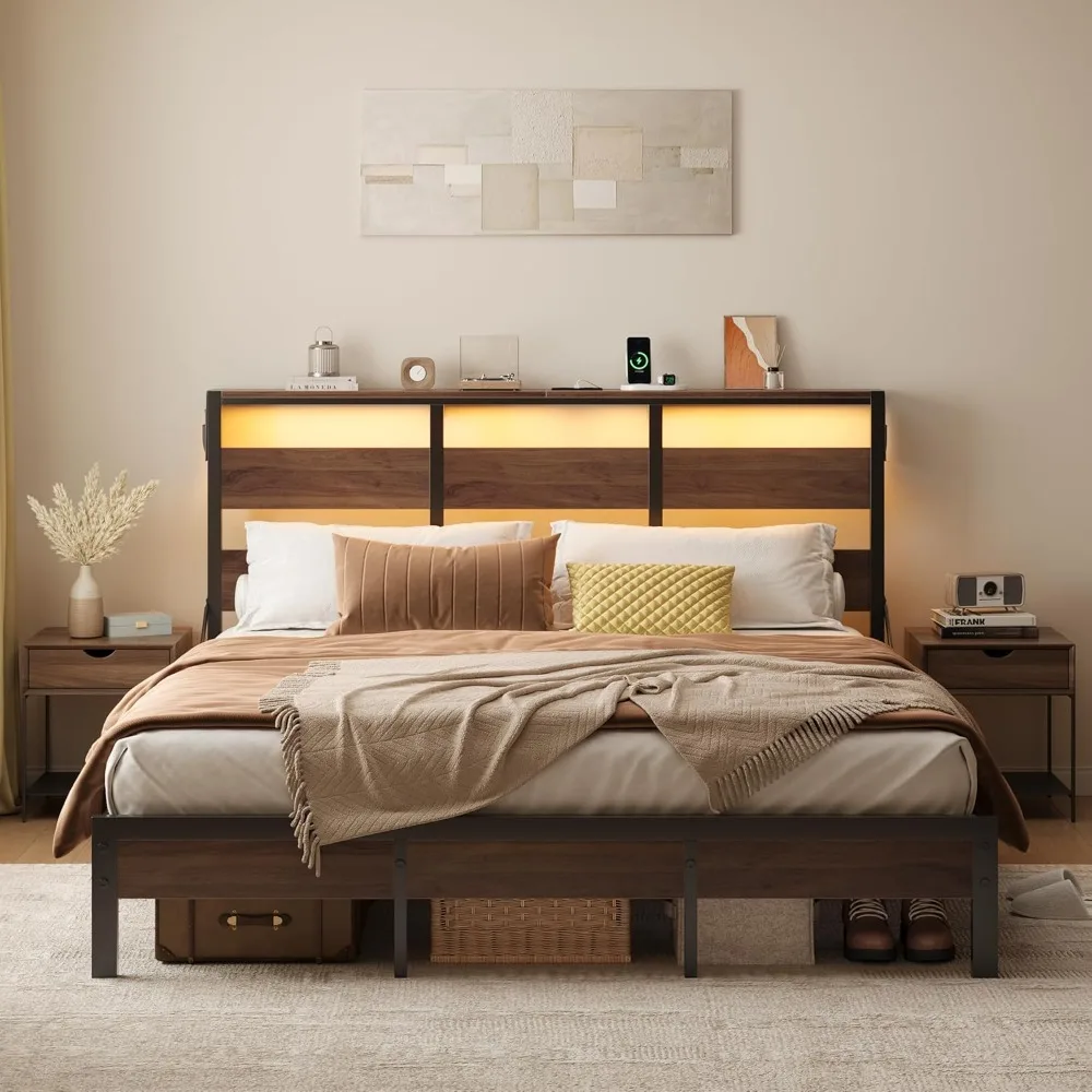 Full Bed Frame with Headboard Storage and Charging Station, Walnut Platform Bed Frame with LED Light, Non-Slip Metal Bed