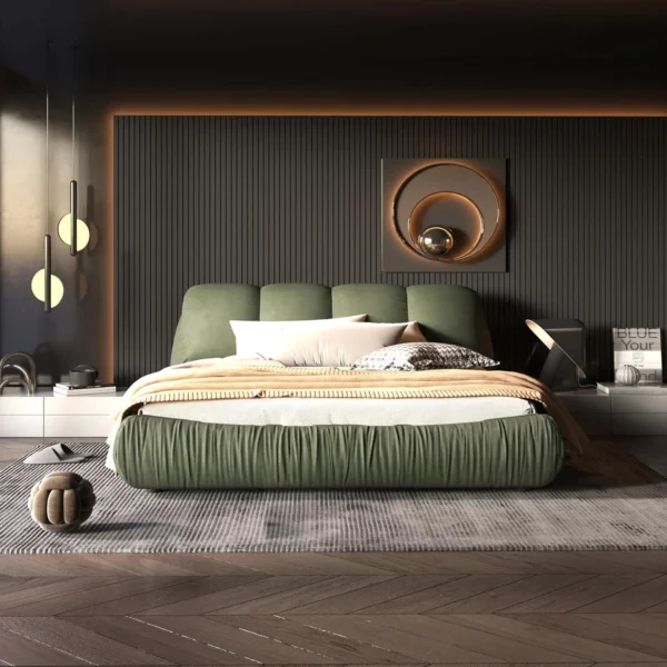 Luxury Queen Size Upholstered Platform Bed with Oversized Padded Backrest,Thickening Pinewooden Slats and Metal Leg,Green - Image 3