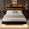 King Size Floating Bed Frame with LED Headboard and Charging Station, Metal Platform Bed Frame with Storage, Remote Control