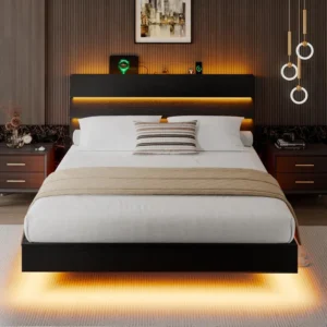 King Size Floating Bed Frame with LED Headboard and Charging Station, Metal Platform Bed Frame with Storage, Remote Control