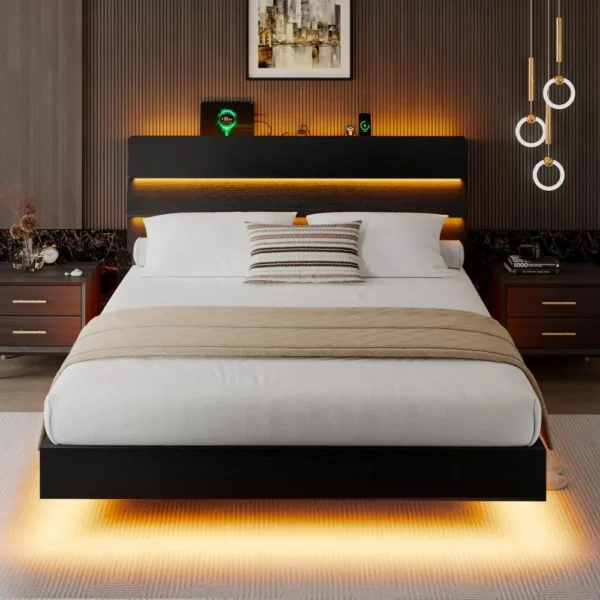 King Size Floating Bed Frame with LED Headboard and Charging Station, Metal Platform Bed Frame with Storage, Remote Control