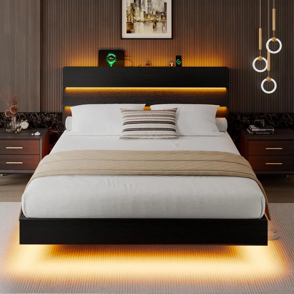 King Size Floating Bed Frame with LED Headboard and Charging Station, Metal Platform Bed Frame with Storage, Remote Control