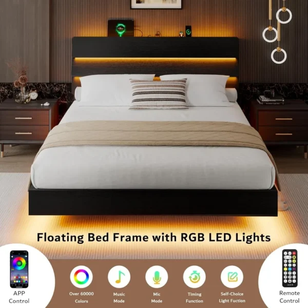 King Size Floating Bed Frame with LED Headboard and Charging Station, Metal Platform Bed Frame with Storage, Remote Control - Image 2