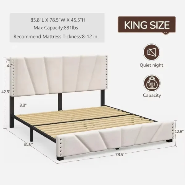 King Size Bed Frame, Storage Headboard Platform Bed with Charging Station and LED Lights, Sturdy Wooden Slats Support - Image 2