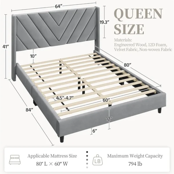 Bed Frame Upholstered Platform Bed with Wing Side/Tufted Headboard with Wing Side/No Box Spring Needed - Image 2