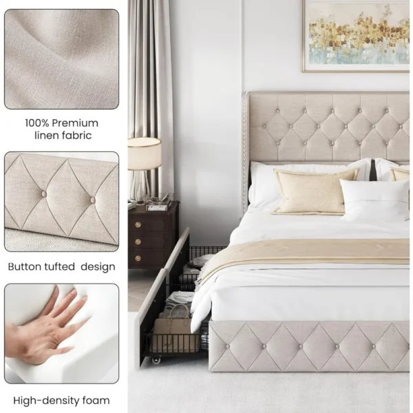 King Size Bed Frame with 4 Storage Drawers and Tufted Headboard Linen Upholstered Platform Bed Frame Wingback Beds with - Image 6