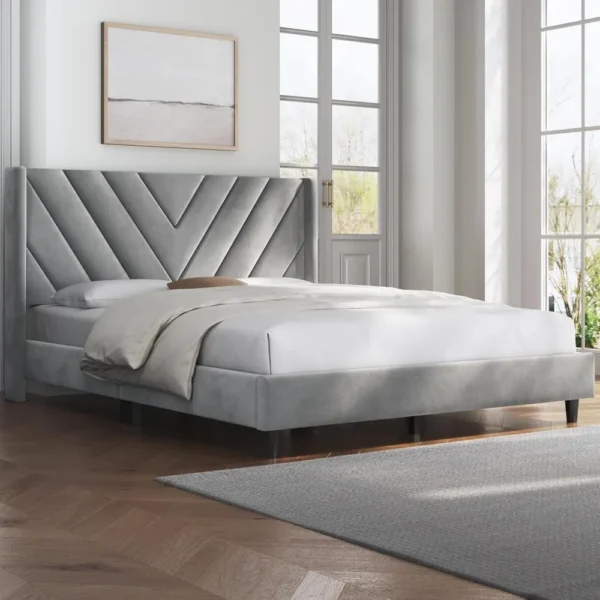 Bed Frame Upholstered Platform Bed with Wing Side/Tufted Headboard with Wing Side/No Box Spring Needed - Image 3