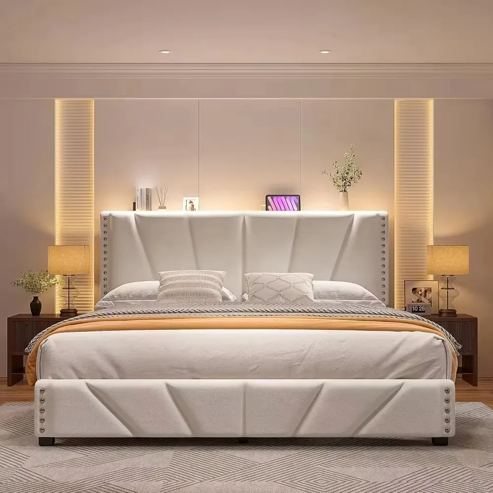 King Size Bed Frame, Storage Headboard Platform Bed with Charging Station and LED Lights, Sturdy Wooden Slats Support