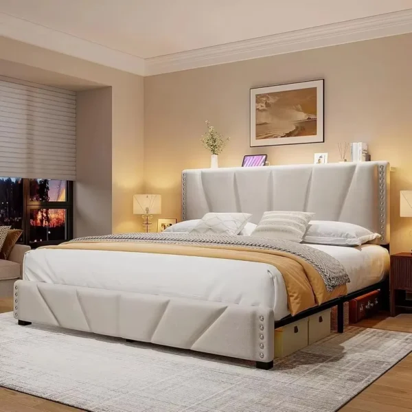 King Size Bed Frame, Storage Headboard Platform Bed with Charging Station and LED Lights, Sturdy Wooden Slats Support - Image 5