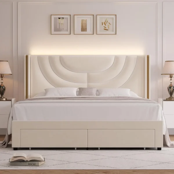 Full Upholstered LED Bed Frame with 2 Storage Drawers, Velvet Platform Bed with Wingback Headboard, Solid Wooden Slats Support - Image 3
