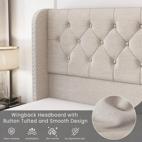 King Size Bed Frame with 4 Storage Drawers and Tufted Headboard Linen Upholstered Platform Bed Frame Wingback Beds with - Image 4