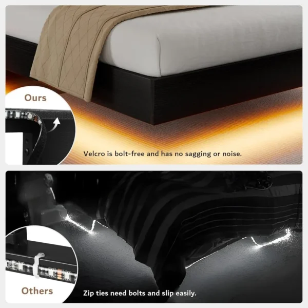 King Size Floating Bed Frame with LED Headboard and Charging Station, Metal Platform Bed Frame with Storage, Remote Control - Image 4