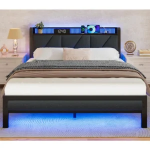 Bed Frame with LED Lights,Headboard with Charging Station and USB Port,Upholstered Platform Bedframe Metal Support