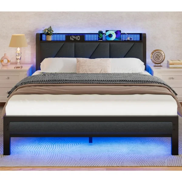 Bed Frame with LED Lights,Headboard with Charging Station and USB Port,Upholstered Platform Bedframe Metal Support