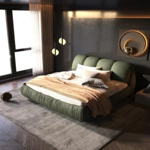 Luxury Queen Size Upholstered Platform Bed with Oversized Padded Backrest,Thickening Pinewooden Slats and Metal Leg,Green