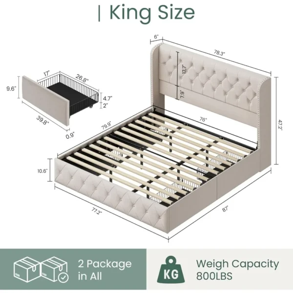 King Size Bed Frame with 4 Storage Drawers and Tufted Headboard Linen Upholstered Platform Bed Frame Wingback Beds with - Image 2