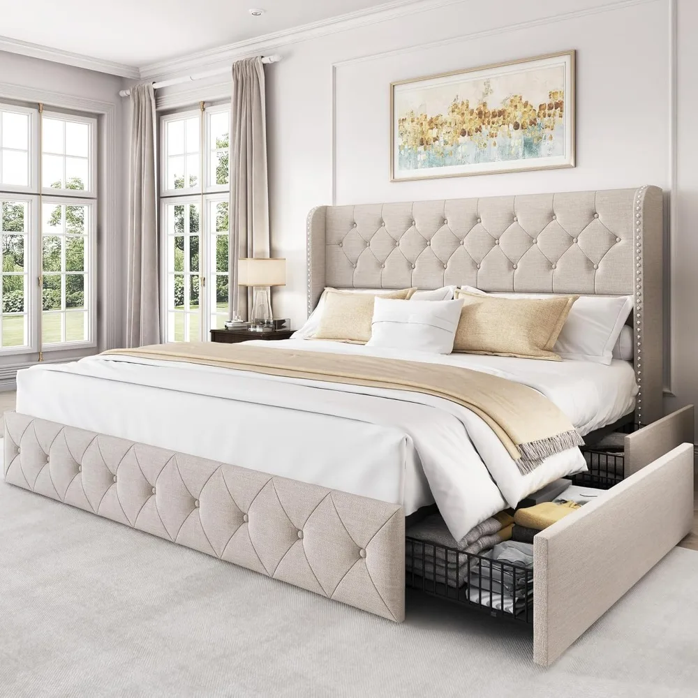 King Size Bed Frame with 4 Storage Drawers and Tufted Headboard Linen Upholstered Platform Bed Frame Wingback Beds with