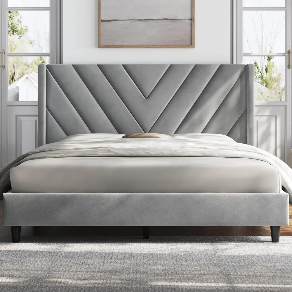 Bed Frame Upholstered Platform Bed with Wing Side/Tufted Headboard with Wing Side/No Box Spring Needed