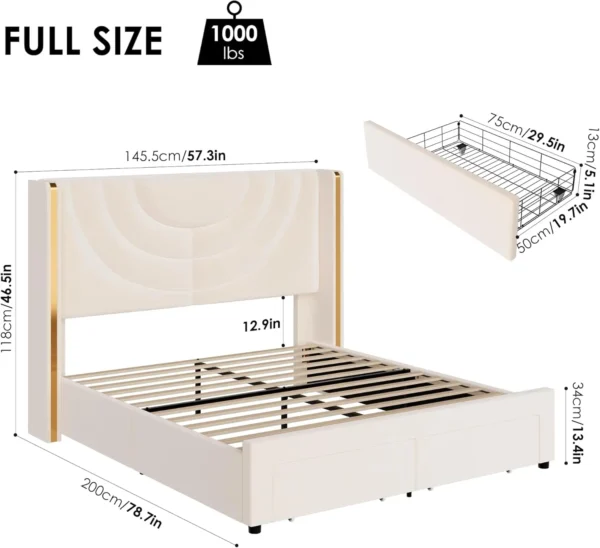 Full Upholstered LED Bed Frame with 2 Storage Drawers, Velvet Platform Bed with Wingback Headboard, Solid Wooden Slats Support - Image 2