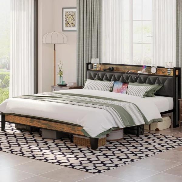 ANCTOR Twin/TwinXL/Full/Queen/King/CaliforniaKing Bed Frames, Storage Headboard with Outlets, No Noise, No Box Springs Needed - Image 2